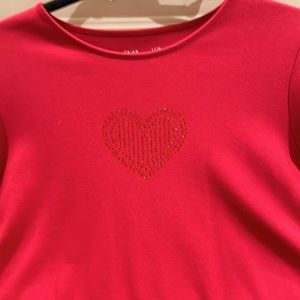 Ladies Charter Club, red crew neck, long sleeve t-shirt w/ red rhinestone heart.